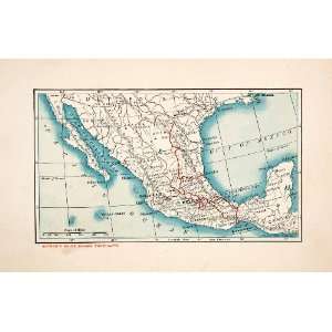 1914 Wood Engraved Map Mexico Carson Travel Route Puebla Guadalajara 