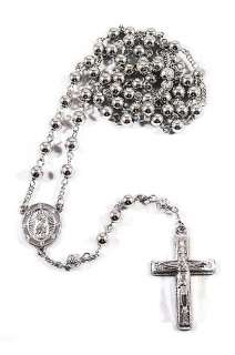 ICED OUT MENS 14K WHITE GOLD ROSARY BEAD CROSS NECKLACE  