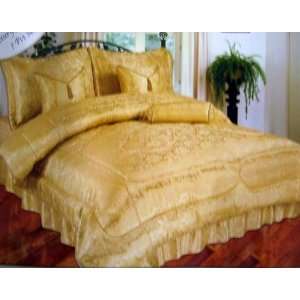 Luxury Gold Jacquard Comforter Bed in a Bag Bedding 7 Piece Set w/Rope 