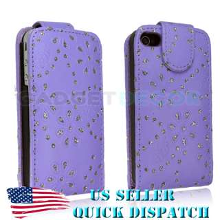   IPHONE 4 4G PURPLE FLIP OPEN LEATHER BLING DIAMOND CASE COVER POUCH