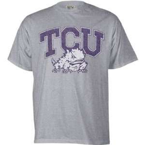  TCU Horned Frogs Grey Distressed Mascot T Shirt Sports 