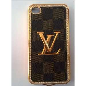   LV Print on Front Light Blue leather with Gold Frame Case for Iphone 4