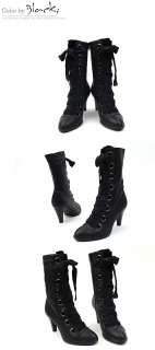 Womens Urban Chic Lace Up Ribbon Mid Calf Boots Shoes  