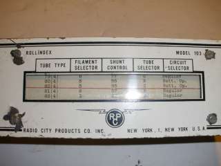 RADIO CITY PRODUCTS TUBE TESTER ROLL CHART MODEL 103  
