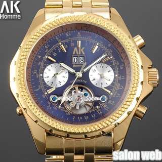 Gold Pilot Style AK Homme Blue Dial Mens Day Date Auto Mechanical 