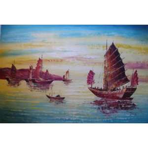   inch Seascape Art Oil Painting Hong Kong Fishing Boats: Home & Kitchen