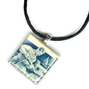 Postage Stamp Pendant Necklace   Vintage Blue
