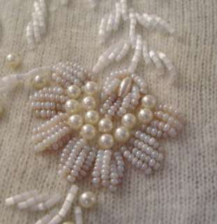 Vtg 50s BEADED Pearls Cardigan PINUP Glam Lambswool Angora Sweater 
