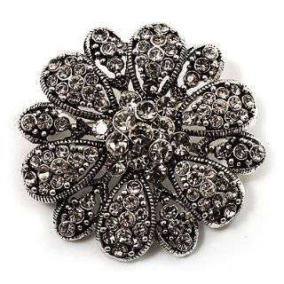 Vintage Swarovski Crystal Floral Brooch (Antique Silver)