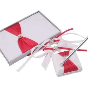  White With Red Satin Flower Ribbon Guest Book & Pen Set 