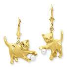   gold polished diamond cut cat with cultured pearl leverback earrings