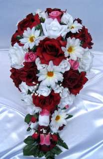 21pcs Bridal bouquet wedding flowers BURGUNDY/DAISY  