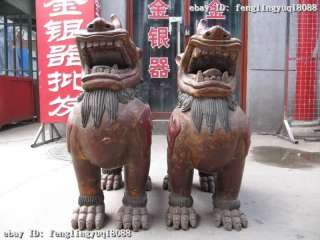 34Chinese regius Wood Handwork painted Carved Foo Dog Lion Pair 