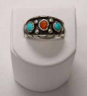 VINTAGE NAVAJO STER. SILVER TURQUOISE CORAL RING SZ 12  