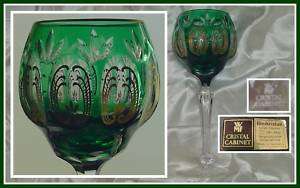 EMERALD GREEN & GOLD Wine Goblet CUT TO CLEAR CRYSTAL  