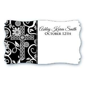   Black & White Cross   Set of 8 Personalized Baptism Name Tag Stickers