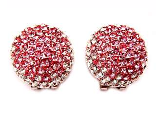 Round Pink Swarovski Crystal Clip Clasp Pierced Earring  