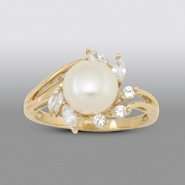 Cultured Freshwater Pearl and White Lab Created Sapphire Ring. 10K 