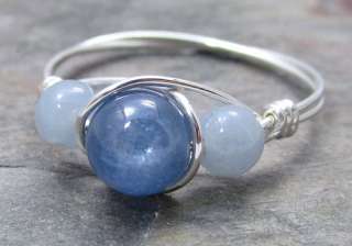   Kyanite & Angelite Sterling Silver Wire Wrapped Bead Ring ANY size