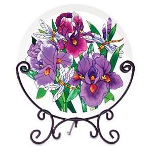 Purple Irises Hand Painted Beveled Stained Glass Table Topper:  