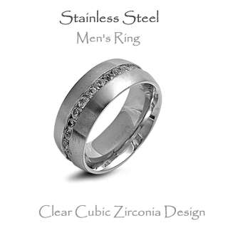 Mens Stainless Steel Ring, Clear Cubic Zirconia  10mm   Sizes 8   14 