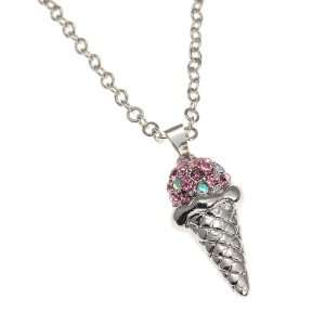   Silvertone Crystal Ice Cream Cone Pendant Necklace Fashion Jewelry