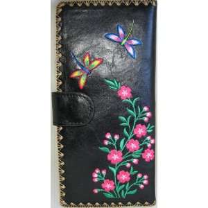   Flower Garden and Dragonflies Black Embroidery Wallet 