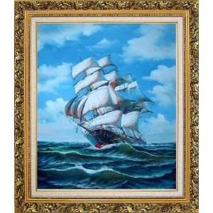 Racing Home Big Sailing Ship Oil Painting, with Ornate Antique Dark 