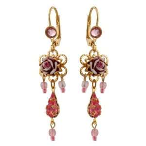 com Michal Negrin Gold Earrings with Vintage Roses, Beads and Purple 