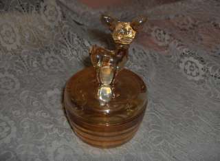 Up for sale is a beautiful marigold Depression glass 2 piece powder 