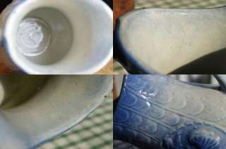   Blue & White Fish Scale & Wild Rose Salt Glaze Stoneware Pitcher