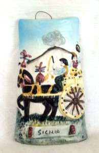 Vintage Sicily Italy majolica wall plaque donkey cart  