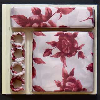   BATH SET: Burgundy Flowers: Window Curtain/Fabric Shower Curtain/Rings