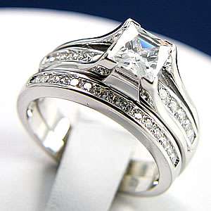 New 2pc Engagement Wedding Bridal Silver Princess Diamond cut Ring 