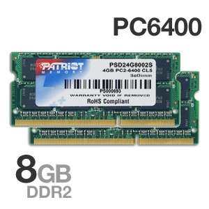 Patriot 8192MB PC6400 DDR2 800MHz SODIMM Laptop Memory   2x4096MB at 