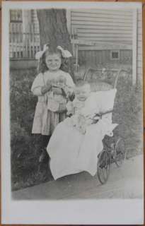 1910 AZO Realphoto Postcard Baby, Stroller, Girl & DOLL  