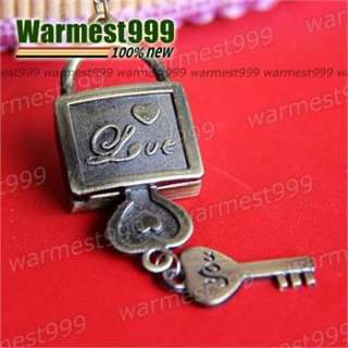 Antique Vintage Bronze Key Lock Quartz Pocket Watch Pendant Necklace 