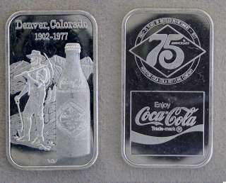 1977 COCA COLA DENVER 75 YEAR ANNIVERSARY 1 OUNCE .999 SILVER ART BAR 