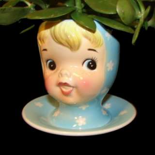 Vintage Napco Miss Cutie Pie Head Vase Planter   BLUE!  