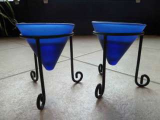 Kerzenhalter, blaues Glas mit schwarzem Stahlrohr, für Teelicht in 
