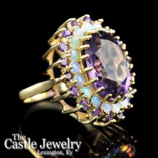 LDS LARGE OVAL AMETHYST OPAL COCKTAIL CLUSTER RING YG  