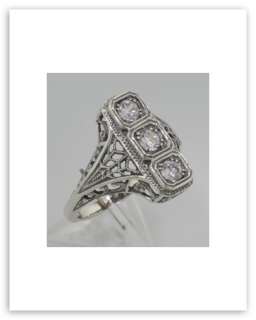 Antique Style CZ Filigree Ring   Sterling Silver Size 7  