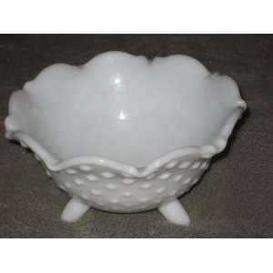  Vintage Milk Glass Crimped Hobnail Footed Candy Dish   6x4 