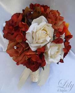 17pcs Wedding Bridal Bouquet Flower FALL ORANGE BROWN  