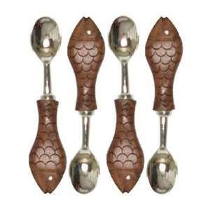  Decorative Condiment Spoon with Carved Wood Brown Fish 