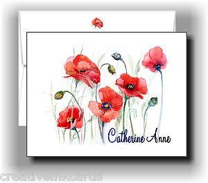 Personalized Note Cards Thank You Notes RED POPPIES POPPY FLOWERS 
