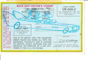 Back Seat Drivers License art comic postcard!  