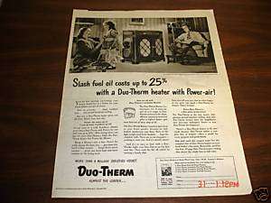 1948 Duo Therm Heater Power Air Saves Fuel Oil Ad  