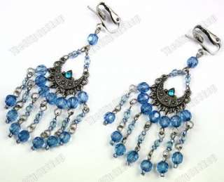 CLIP ON antique silver BLUE beads CHANDELIER EARRINGS  