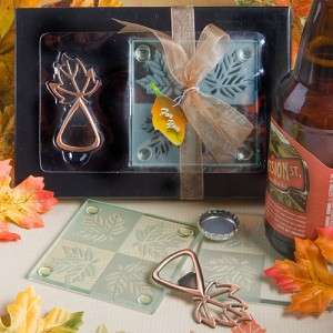   Fall Autumn Leaf Design Wine Bottle Opener & Coaster Wedding Favors